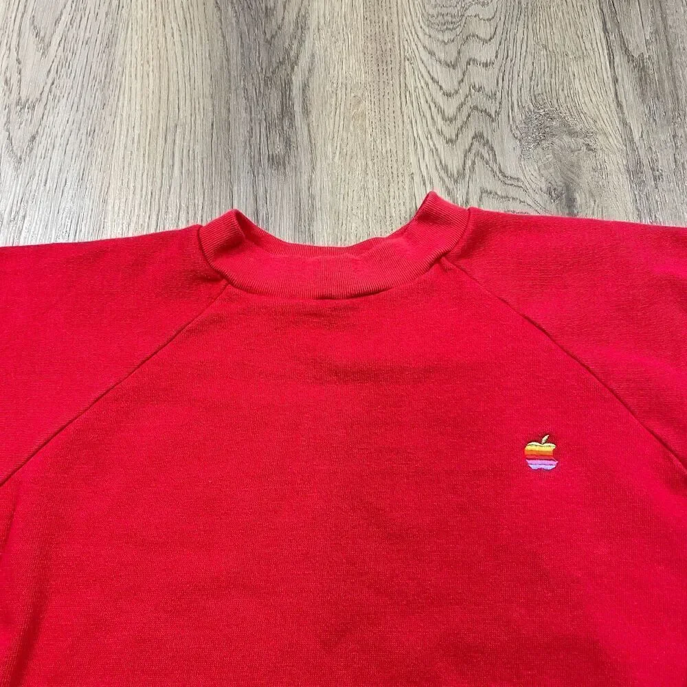Vintage Sweatshirt Mens Large Red Apple Computers 80s Logo Fleece Crewneck